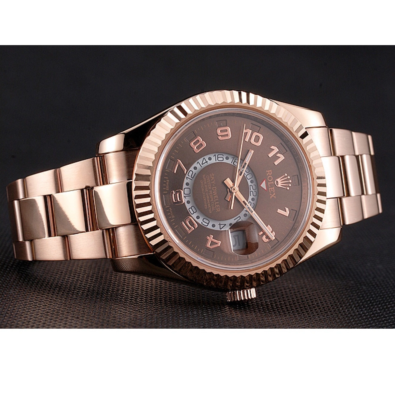 AAA replica watch Brown Case Rose Dweller Gold Dial Rolex Ad Sky Bracelet 0629